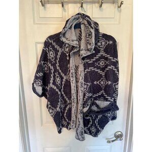 Roxy Blue Hooded Cardigan Sweater Oversized Southwest Aztec Cape Poncho Beach